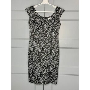 Joseph Ribkoff Black Ivory Lace Print Sheath Scoop Neck Dress Sleeveless Size 8